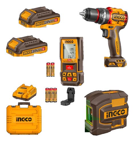 Kit Combo 20v Taladro C/percu 76nm + Nivel + Medidor Ingco