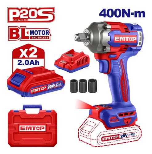 Llave De Impacto Inalámbrica Emtop Eciwl2040 20v 550 Nm 1/2 + 2 Baterías Rojo
