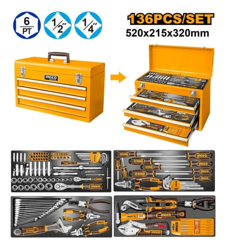 Set De 136 Herramientas De Mano En Caja Metalica Ingco Naranja Claro