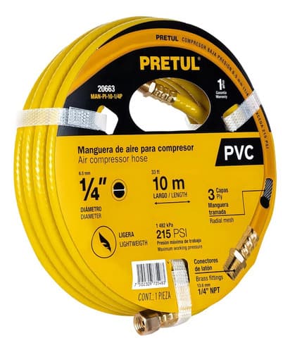 Manguera Para Compresor Pretul De Pvc De 10 M X 1/4 Amarilla Amarillo