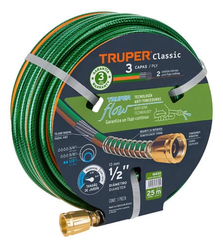 Manguera Jardin 25 Metros Conexion Metal Truper Man-25x1/2r Color Verde