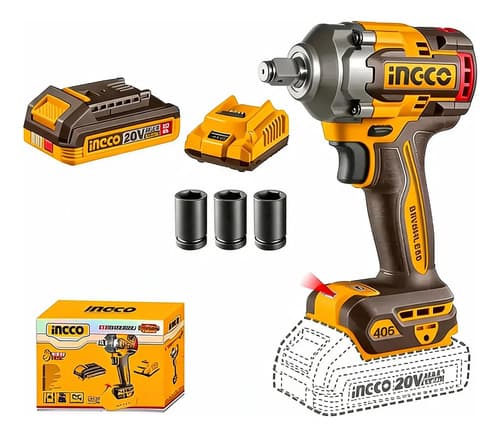 Llave De Impacto A Bateria 20v 405nm 1/2 Ingco Con Bat Y Car Naranja Claro 20v