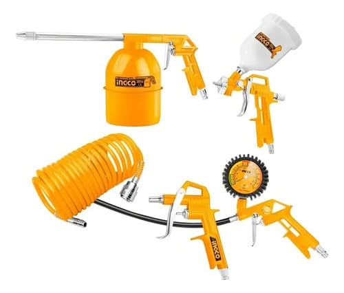 Set Pistola Neumática Ingco De 5 Piezas Para Pintar Naranja Claro