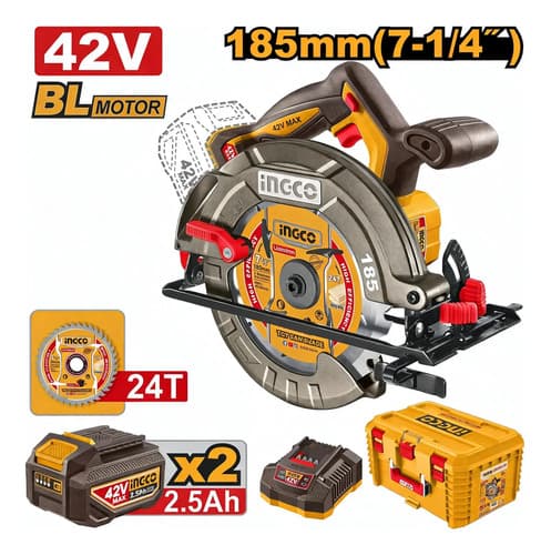 Sierra Circular A Bateria 42v 185mm + 2 Bateria 2.5ah Ingco Naranja Claro 42v