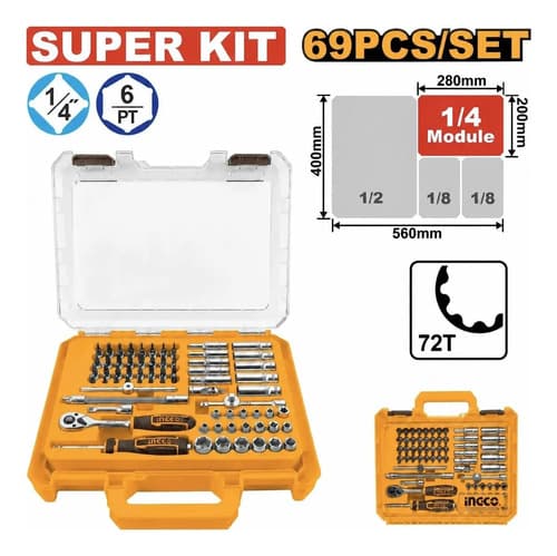 Juego 69 Dados 1/4 Puntas Barra Extensora Llave Crique Ingco Naranja Claro