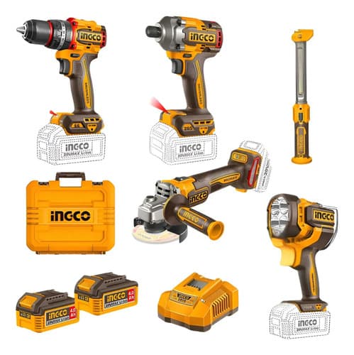 Kit Herramientas Inalámbricas Ingco Con Taladro, Amoladora Y Maletín, 22 Piezas Y 2 Baterías 4.0 Ah